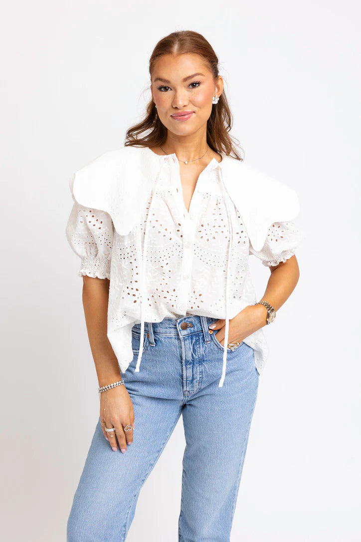 Eyelet Novelty Collar Top