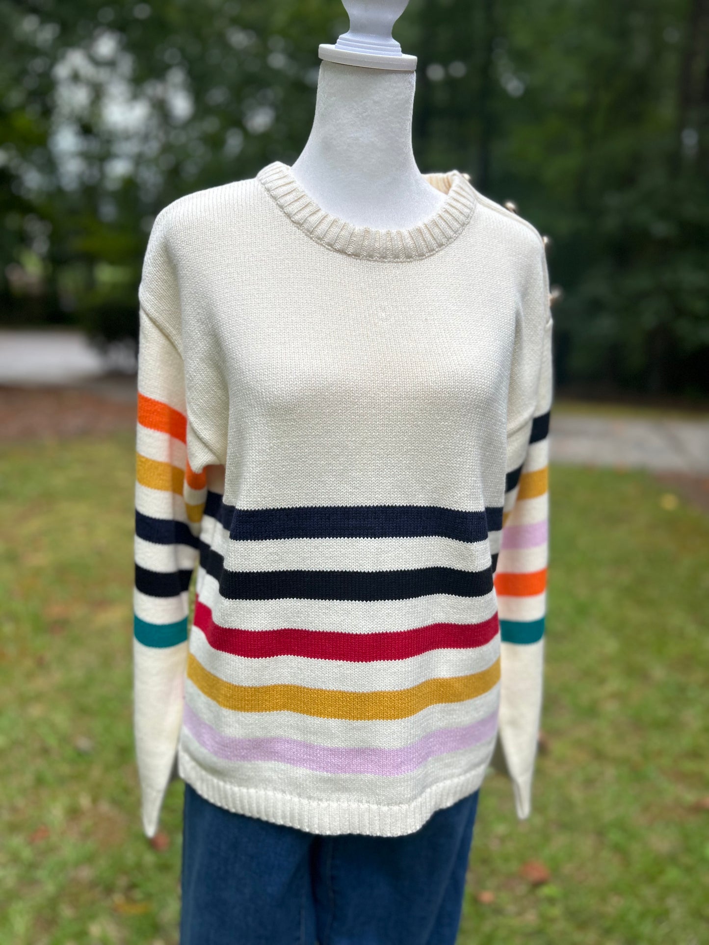 Multi stripe sweater with gold buttons