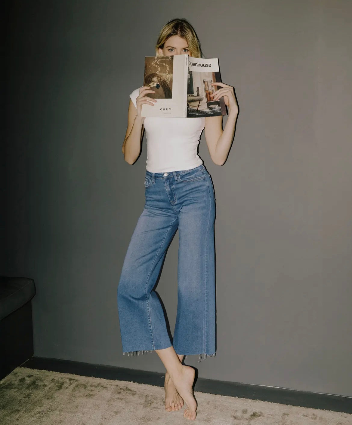 High rise clean cut raw crop slim wide