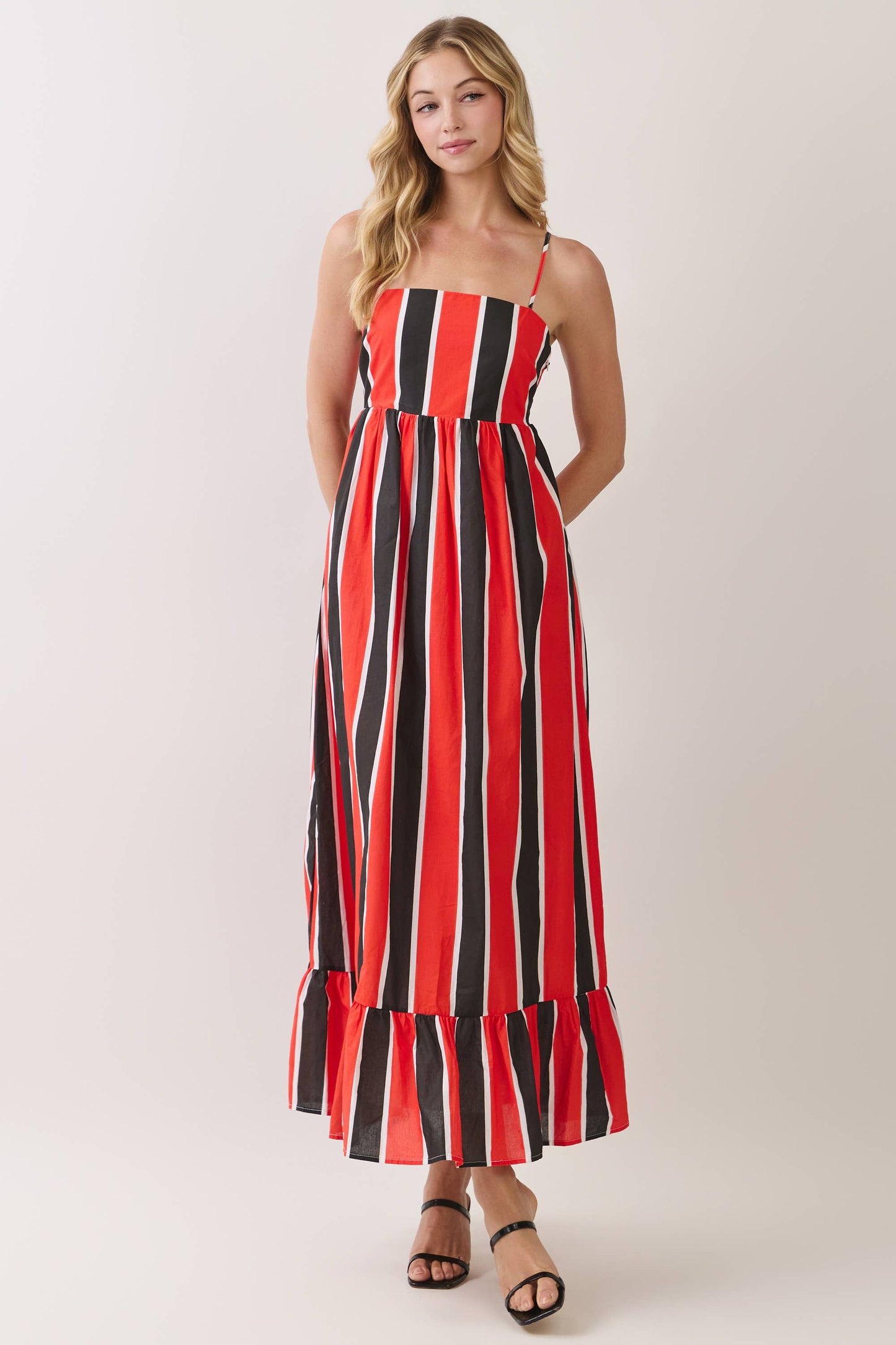 Striped Back Smocked Detail Side Pocket Maxi Dress