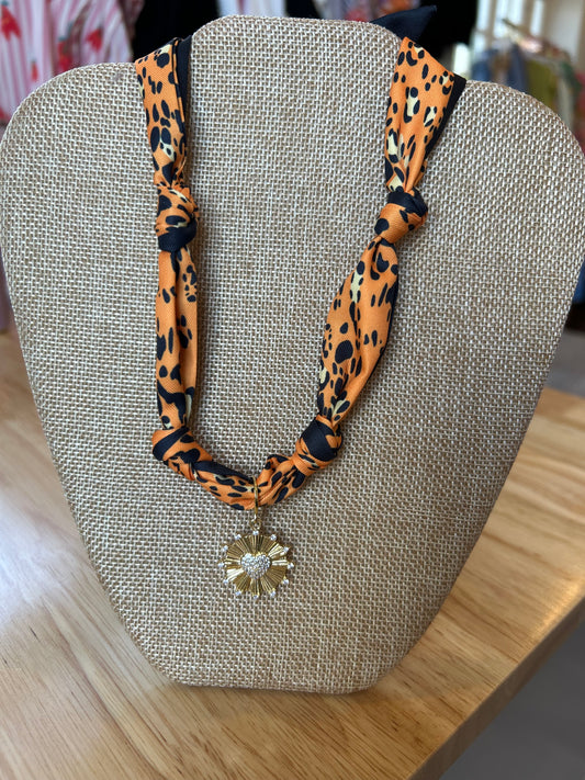 Knotted Orange Tiger Scarf Necklace with heart charm