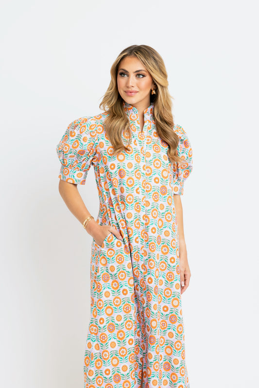 Floral Ruffle Neck Button Shirt Maxi Dress
