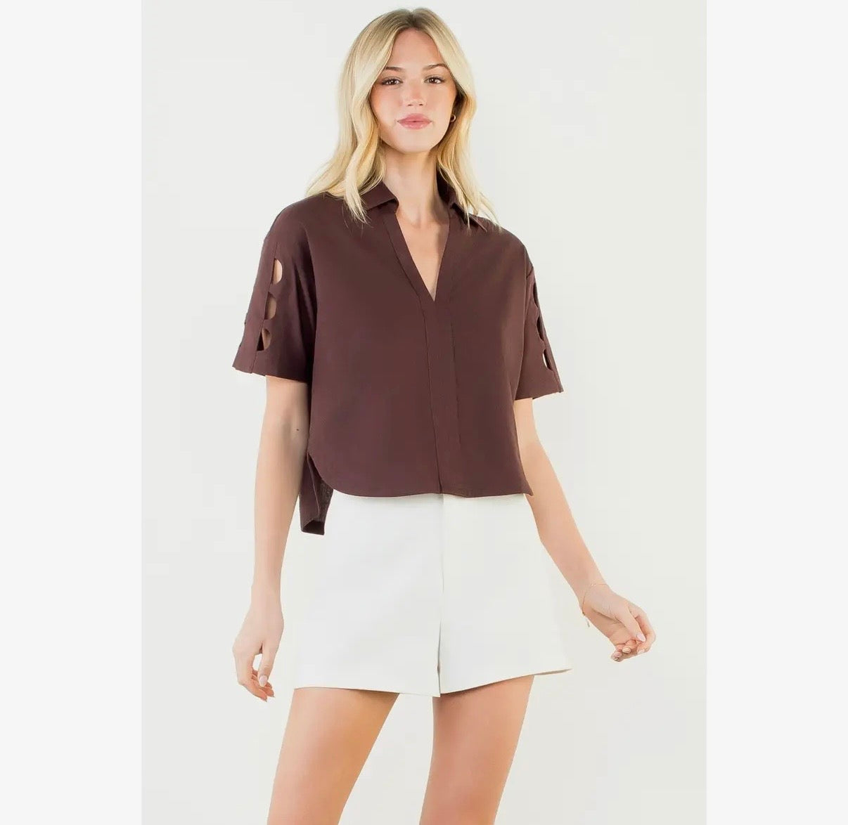 Brown Short Sleeve V-Neck Cutout Top