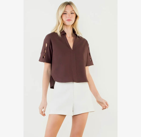 Brown Short Sleeve V-Neck Cutout Top