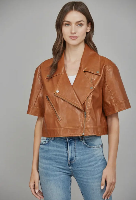 Notch Lapel Collar Short SIv Faux
Leather Jacket