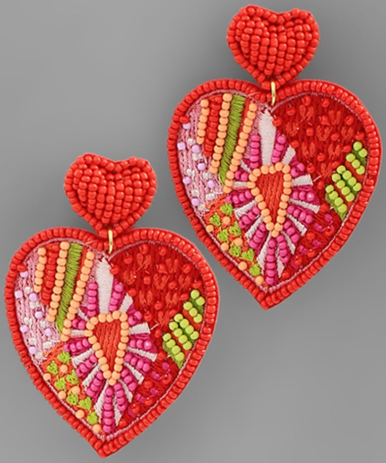 Seed Bead Heart Dangle Earrings