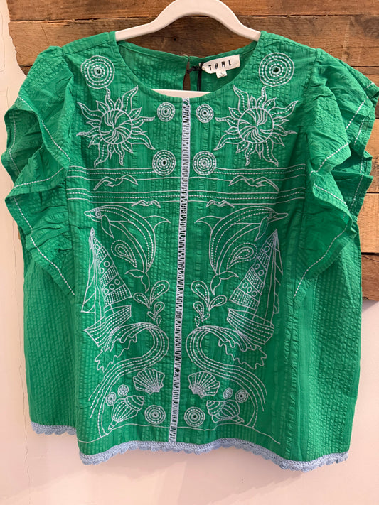 Ruffle sleeve embroidery detail top