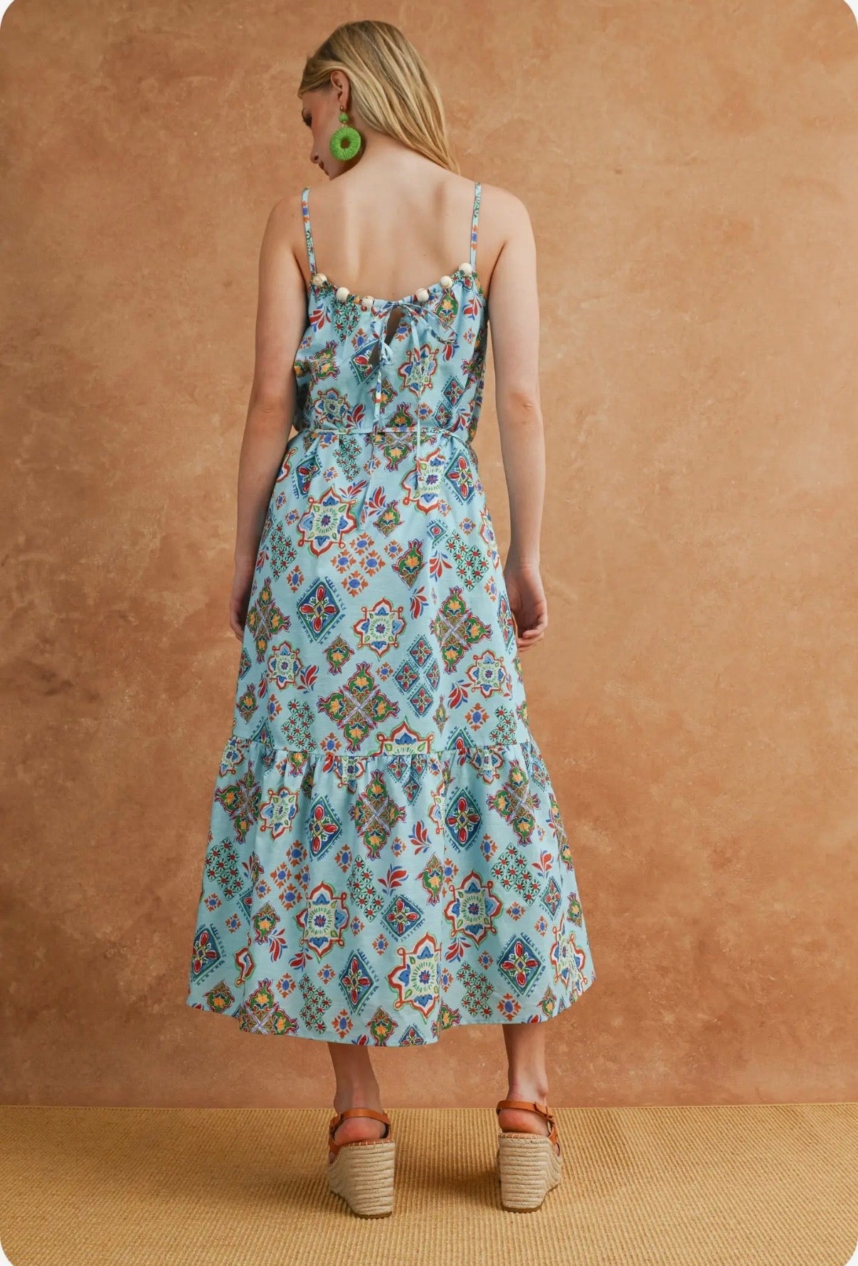 Majolica Tile Print Back Bead Detail
Midi Dress