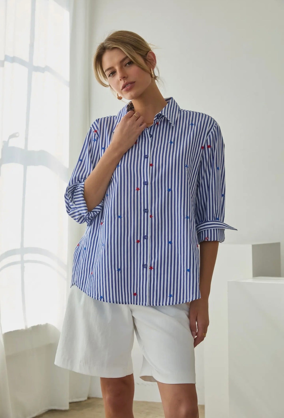 Star Embroidered Striped Button-
Down Blouse