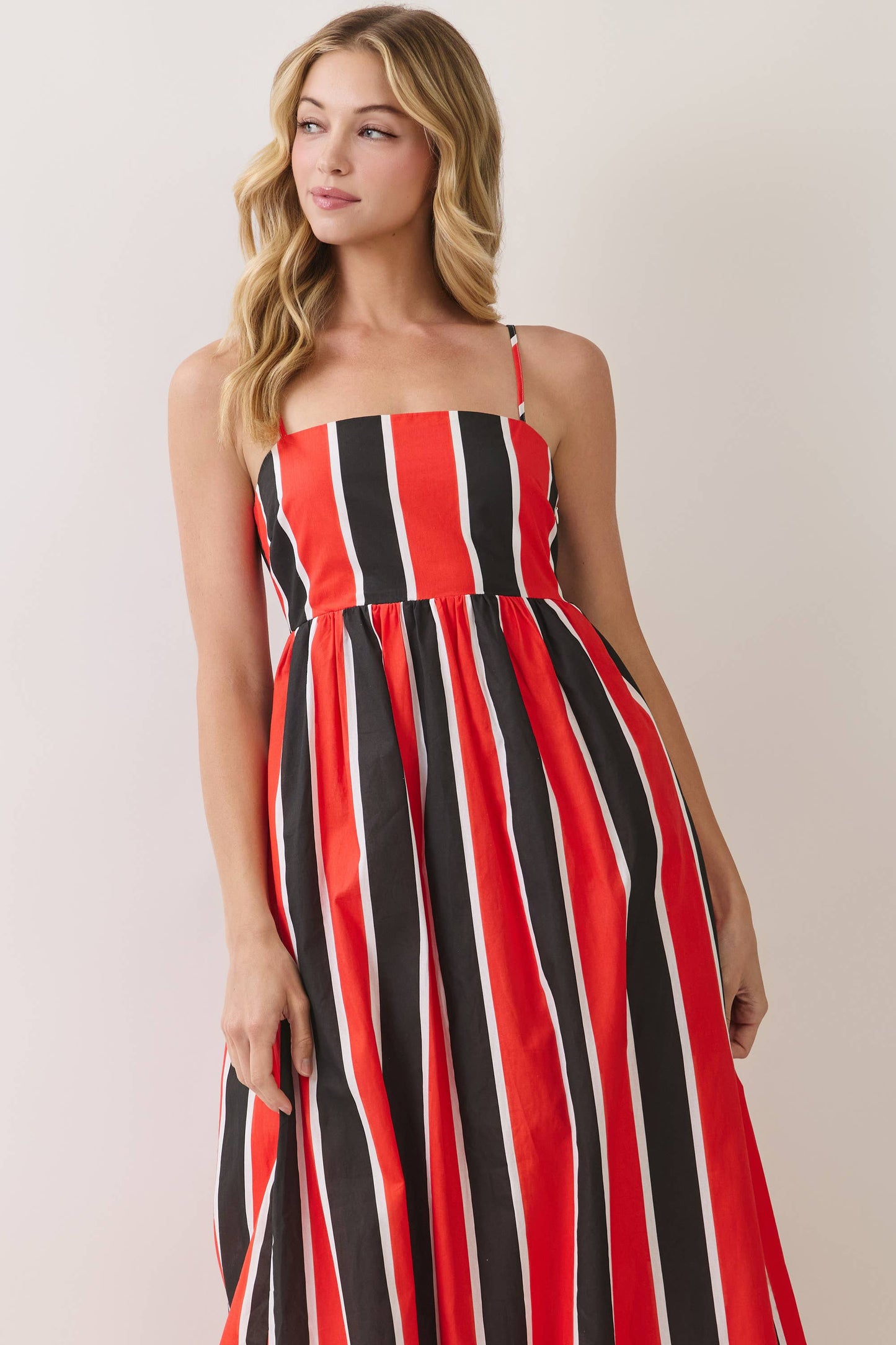 Striped Back Smocked Detail Side Pocket Maxi Dress