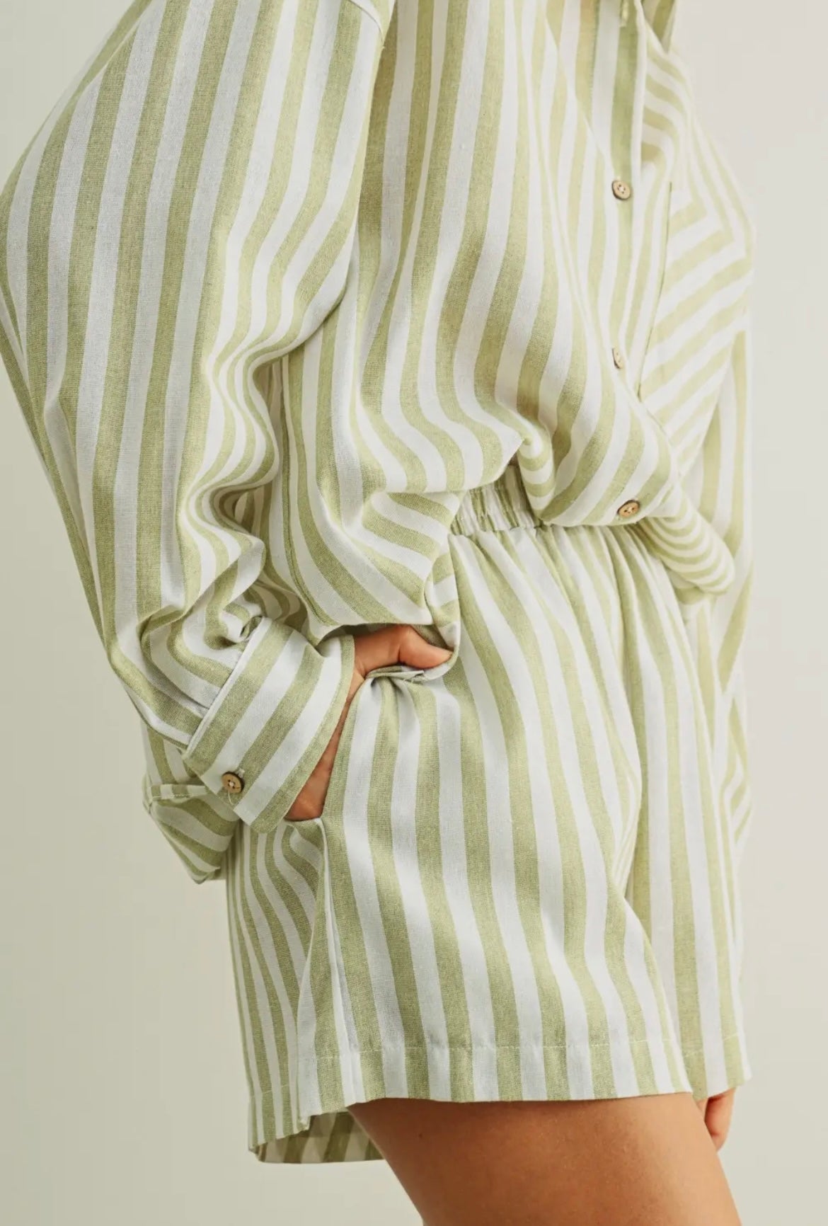 Sage Striped Button Down
Linen Shirt and Elastic Band Waist Shorts
