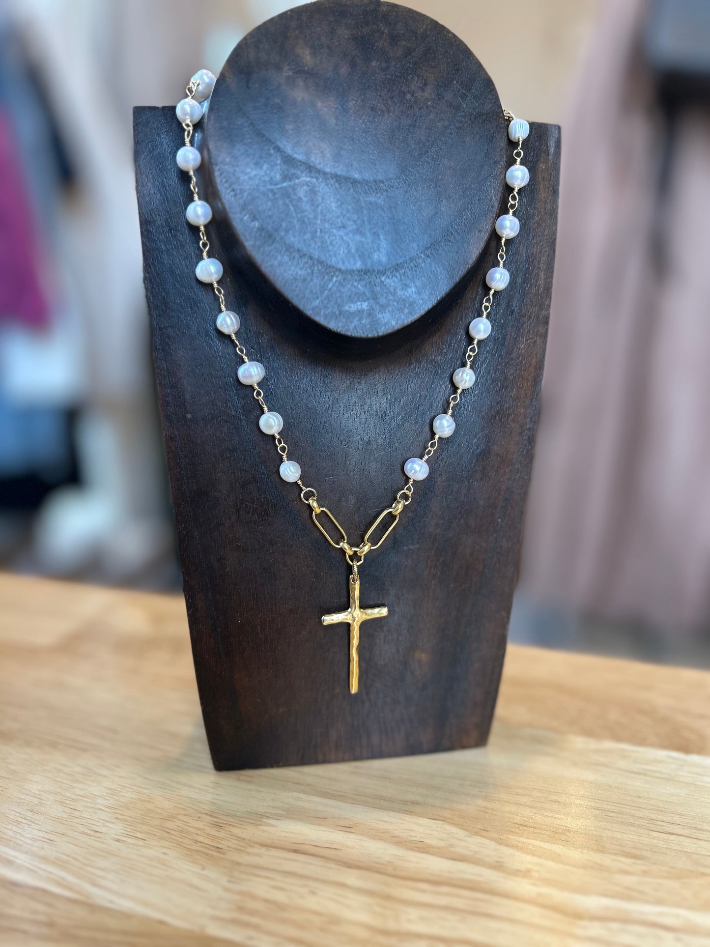 Pearl chain necklace with long cross charm