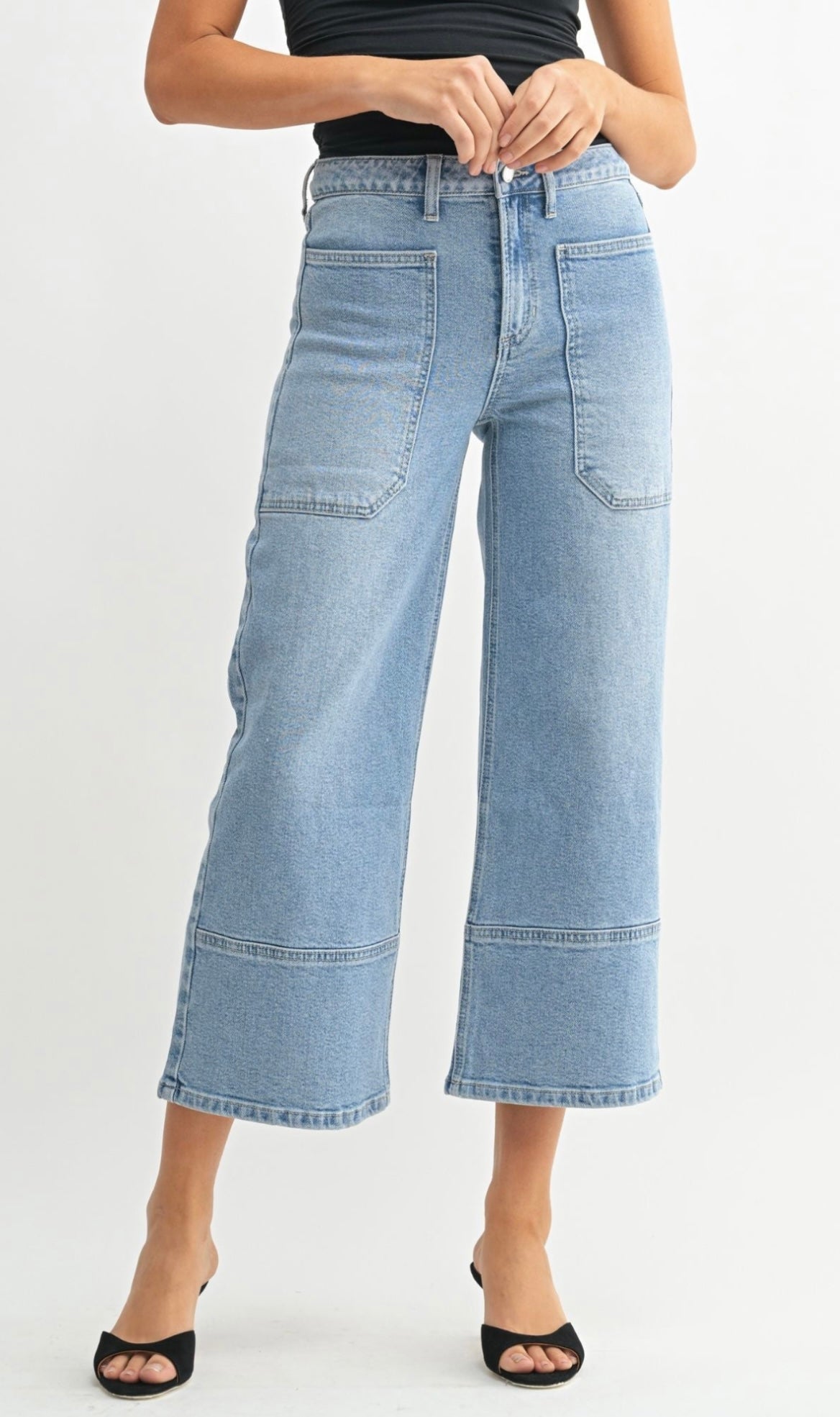 High Rise Crop Wide Leg Denim - front patch pockets
