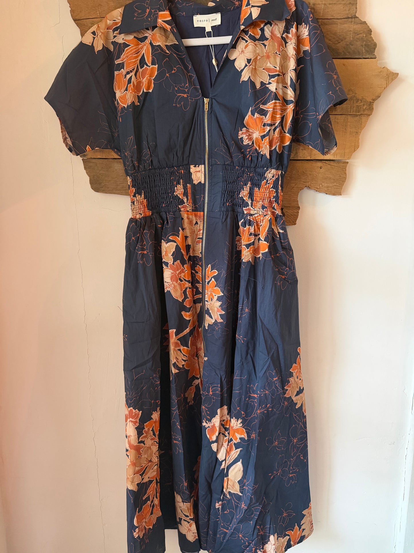 Floral navy + orange midi dress