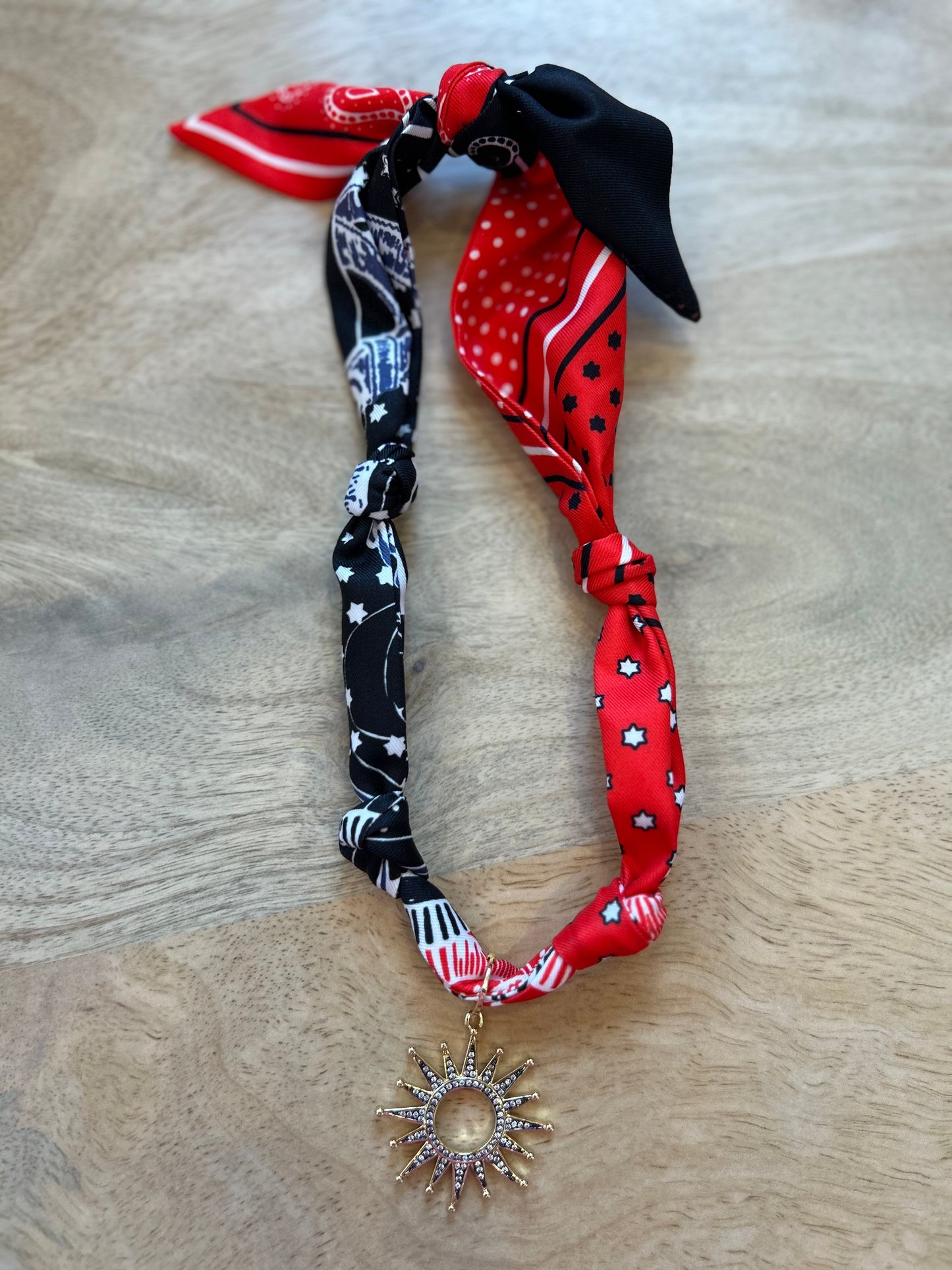 Black + Red Scarf Necklace with Black Sun