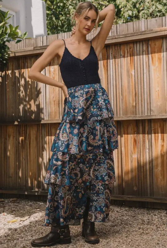 Printed Satin Tiered Maxi Skirt