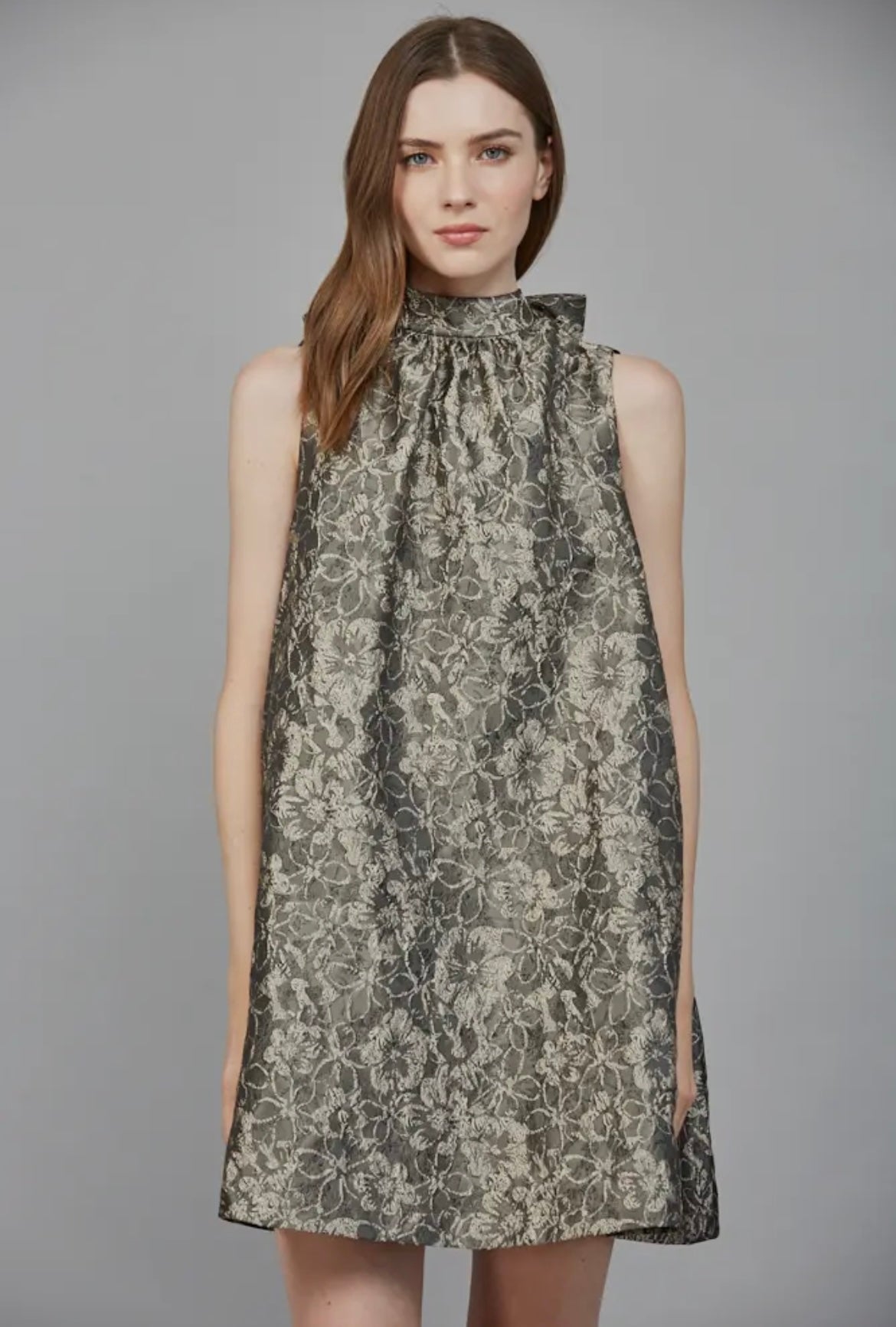 Floral Jacquard High Neck Bow Tie Back Detail Dress