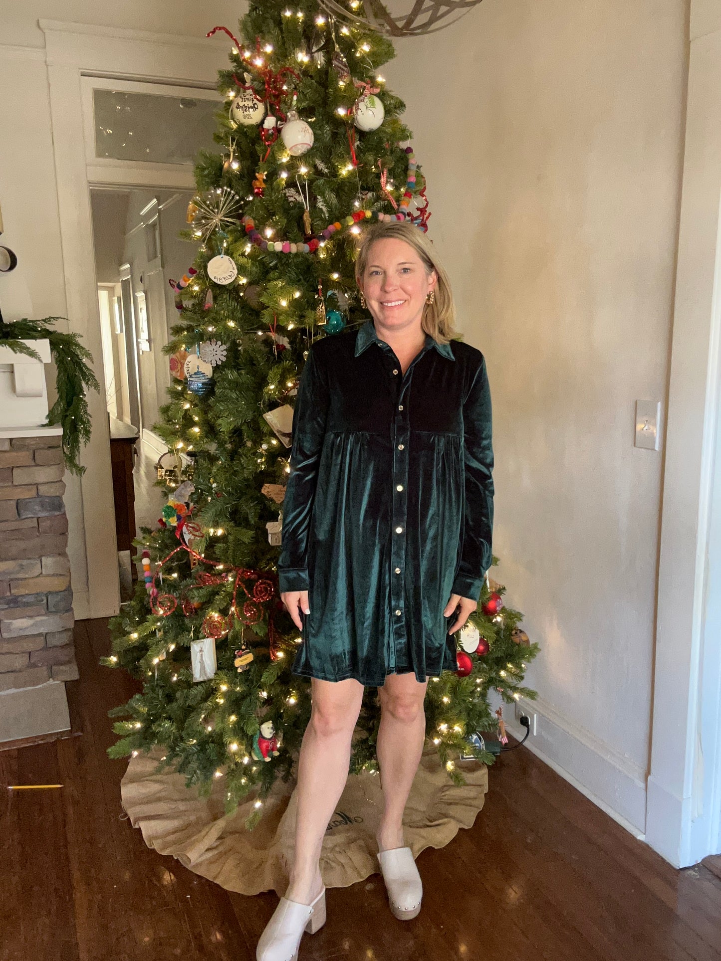 Soft Velvety Button Down
Collar Holiday Dress in Emerald