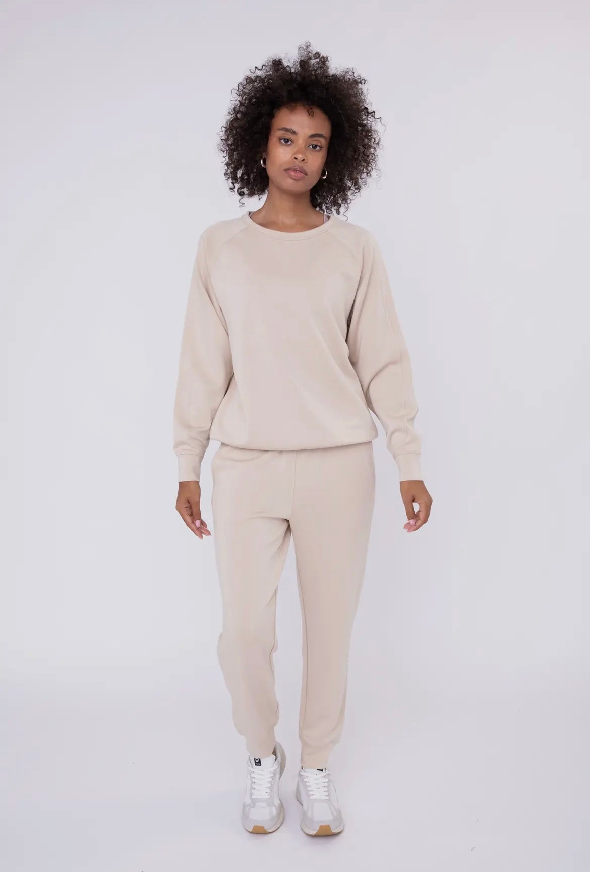 Elevated crew neck pullover and jogger set in natural