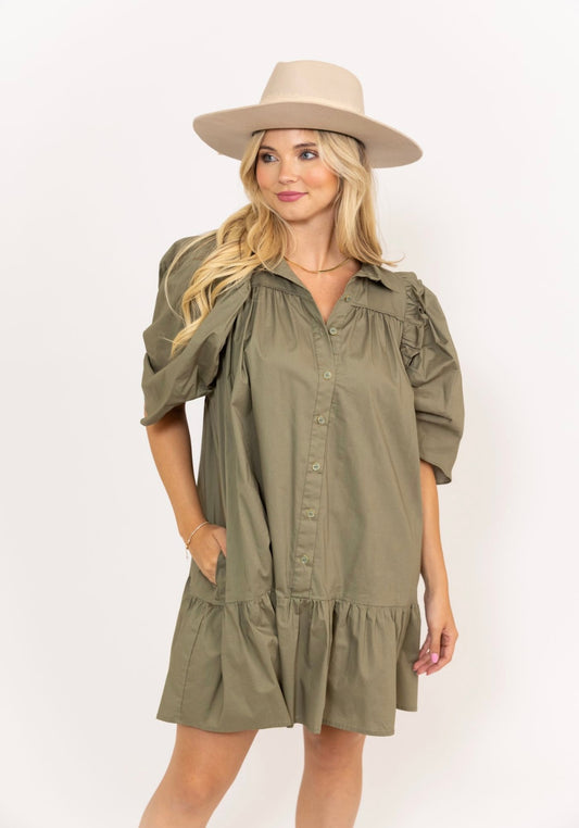 Solid Button Puff Sleeve Ruffle Dress
