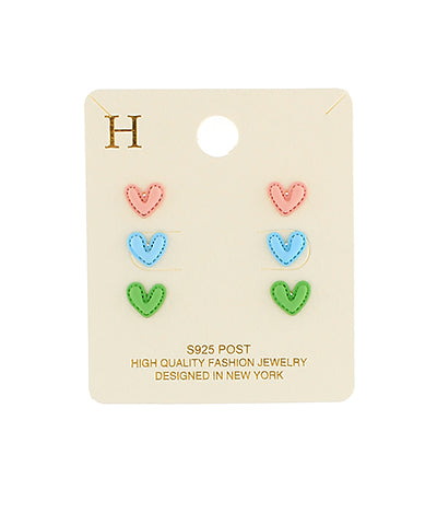 Color Coated Heart 3 Pair Studs Set