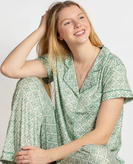 Carmen Short Sleeve Button Up Sleep Shirt and Pants Set in Emerald/White