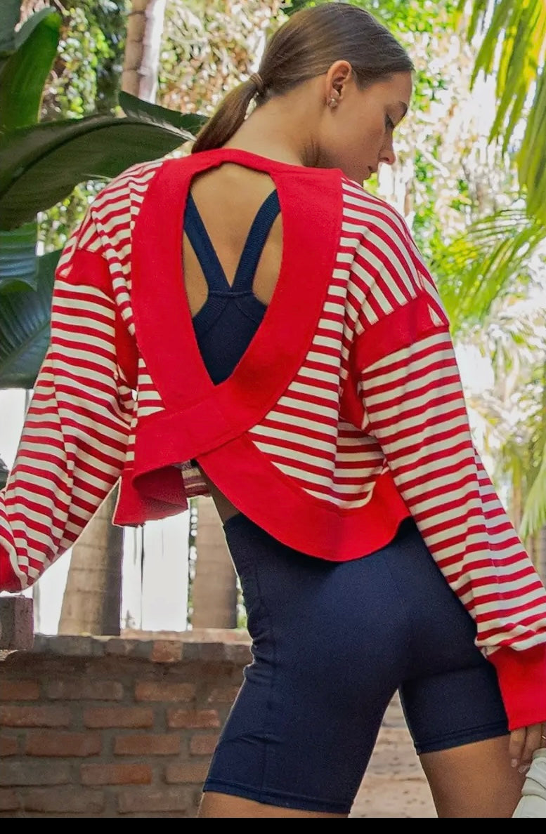 Striped Open Back Long Sleeve Top