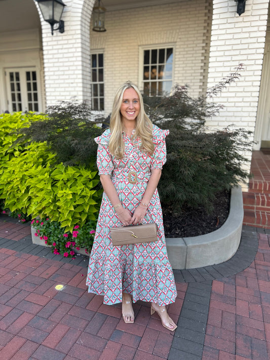 Paris Floral Belted Maxi Dress