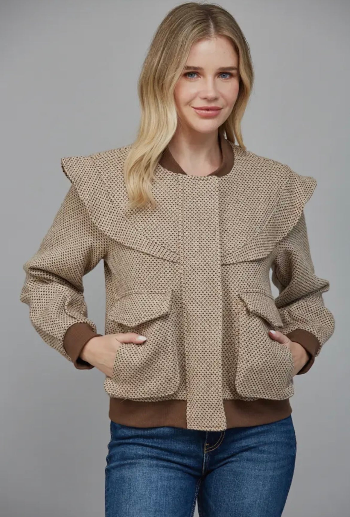 Perforated Pattern Ruffle Detail
Bomber Jacket