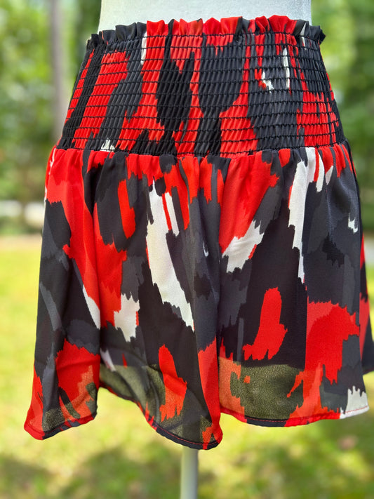 Red + black abstract shorts