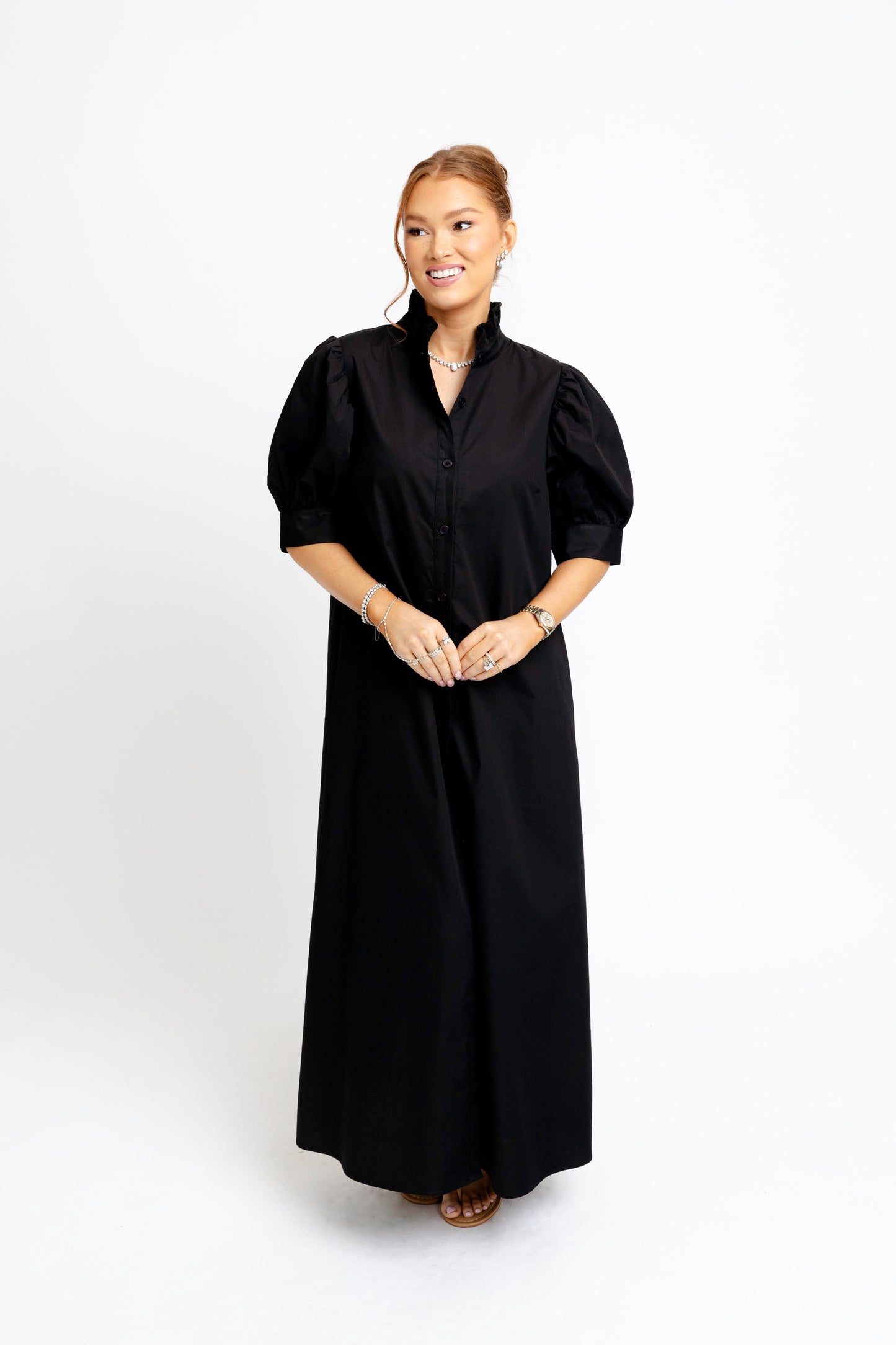 Solid Poplin Ruffle Neck Maxi Shirt Dress