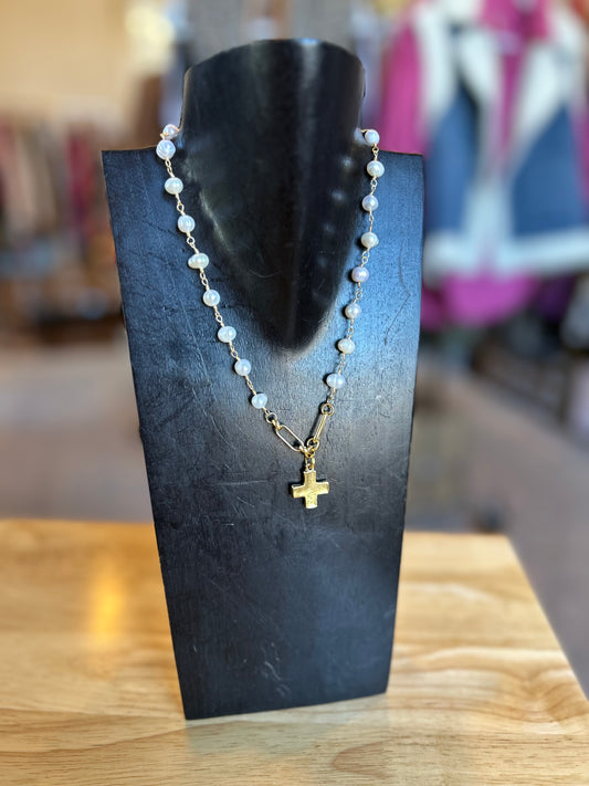 Pearl chain necklace with cross pendant charm