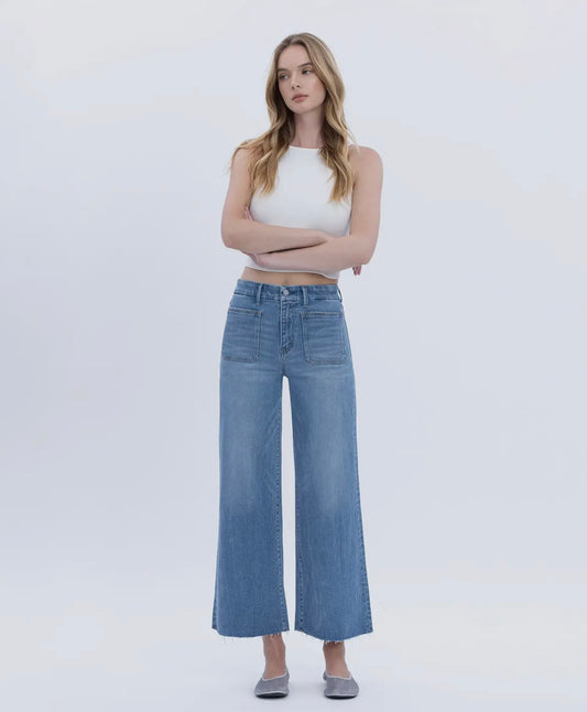 High Rise Comfort Waistband Crop Wide Jeans