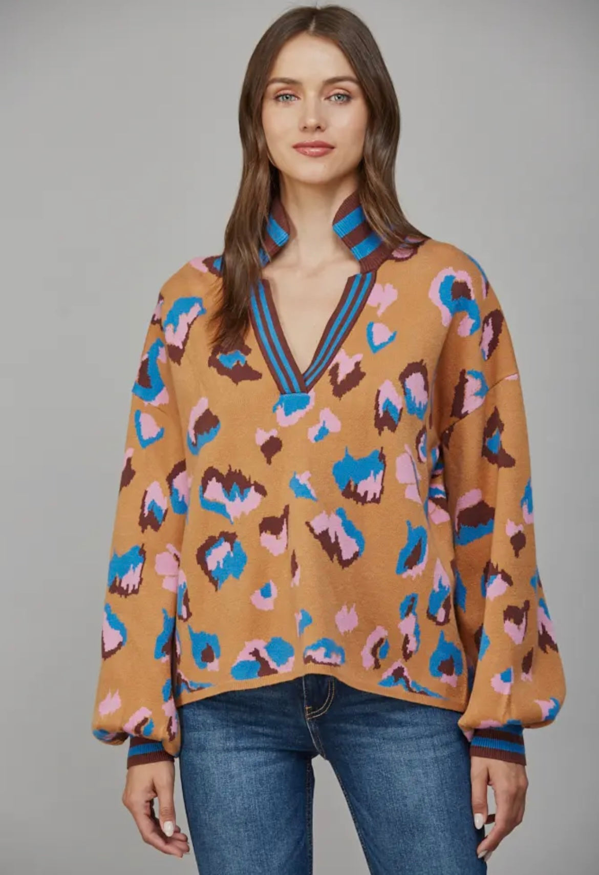 Animal Pattern V-Neck with Stand-Up Collar Sweater