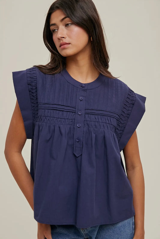 Pintucked Cap Sleeve Blouse