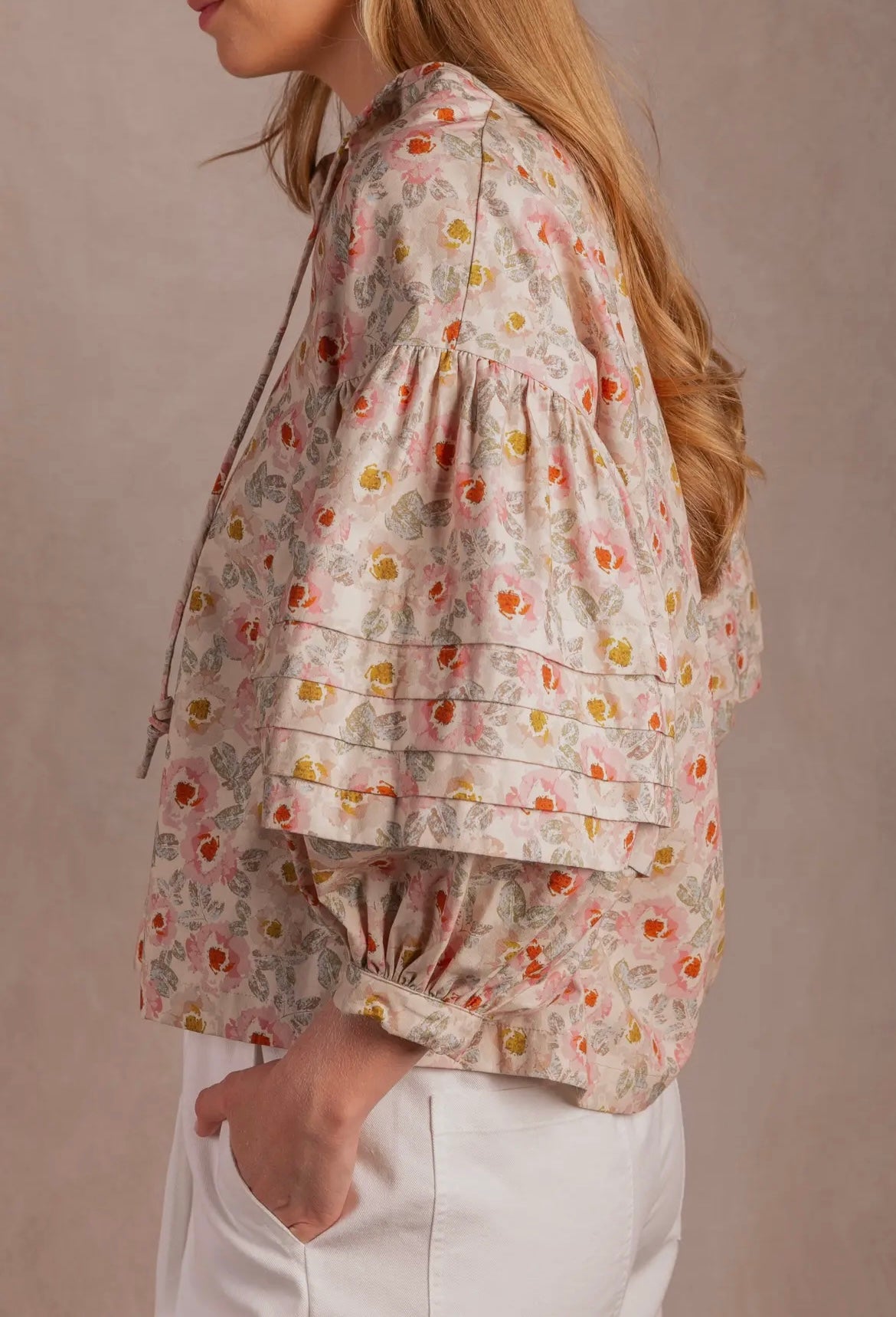 Print Cotton Peasant Blouse Knotted String Top