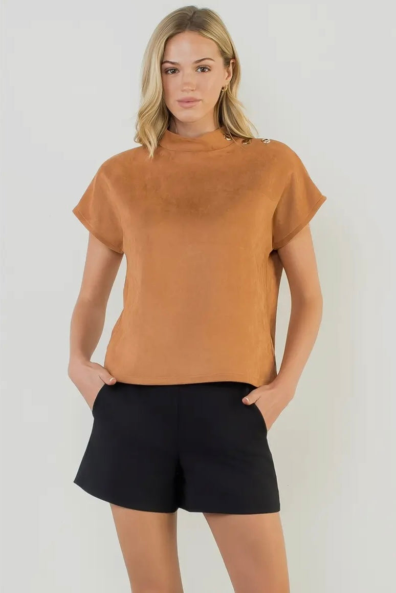 Button Detail Short Sleeve Suede Top