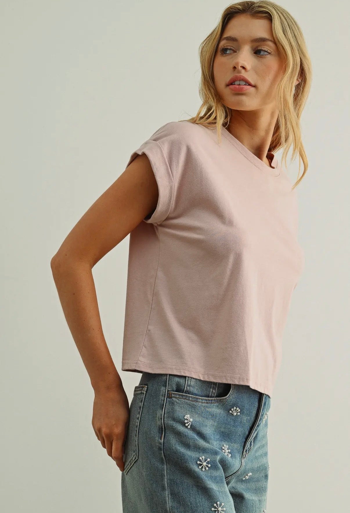 Round Neck Cuffed Sleeve Top