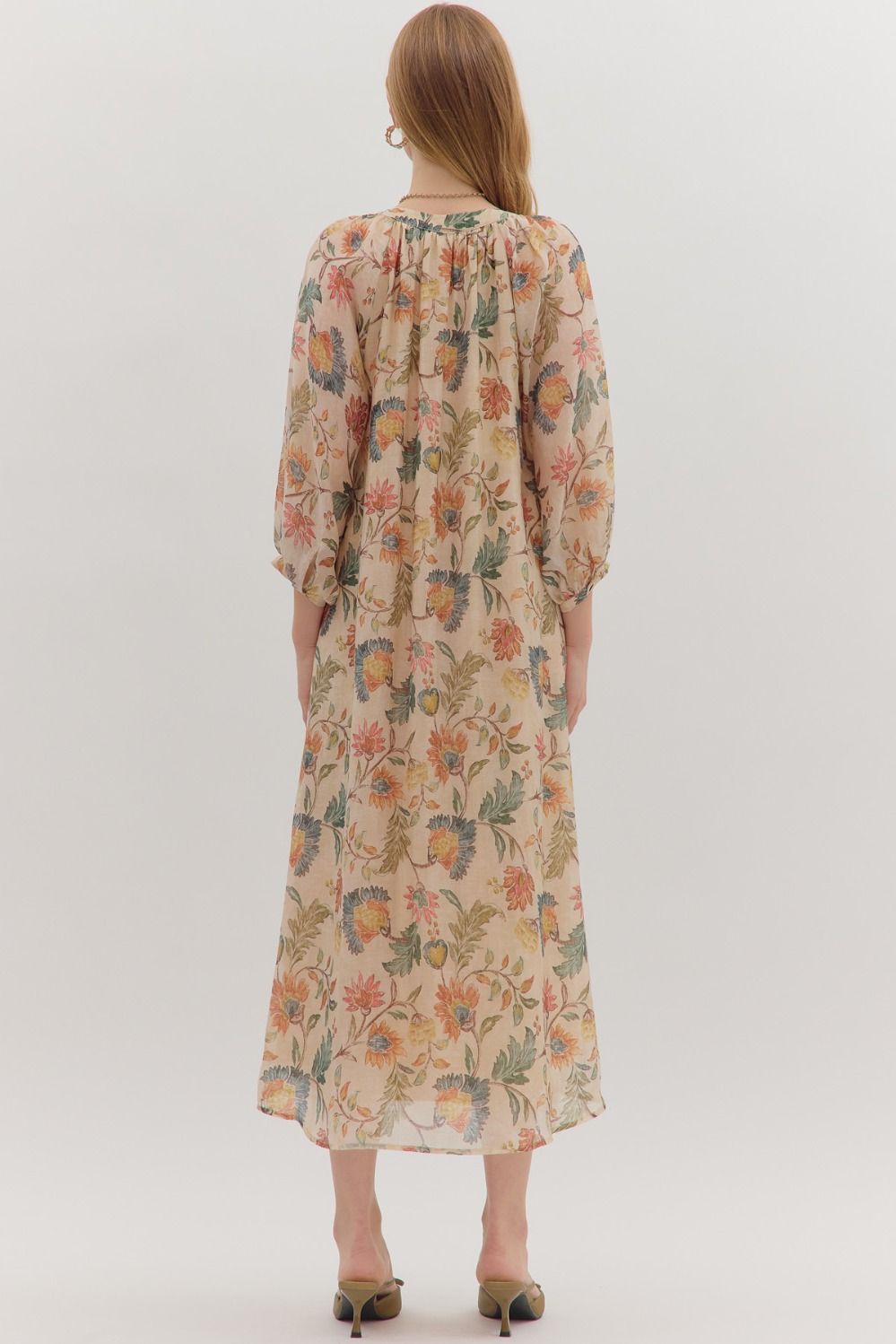 Botanical print long sleeve midi dress