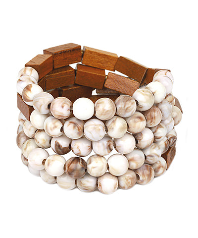 5 Row Marble & Wood Stackable Bracelet