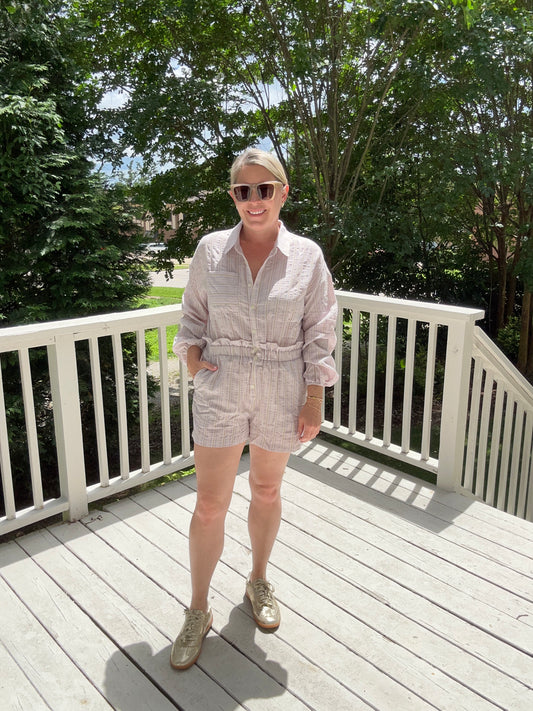 Striped Seersucker pocket romper