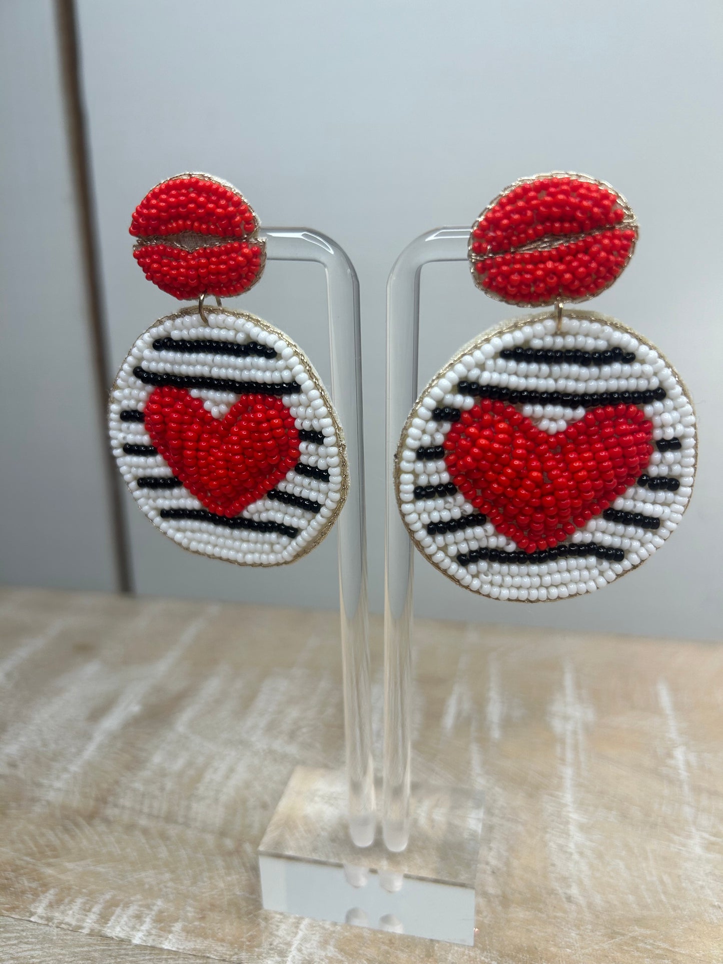 Beaded heart + lips earrings