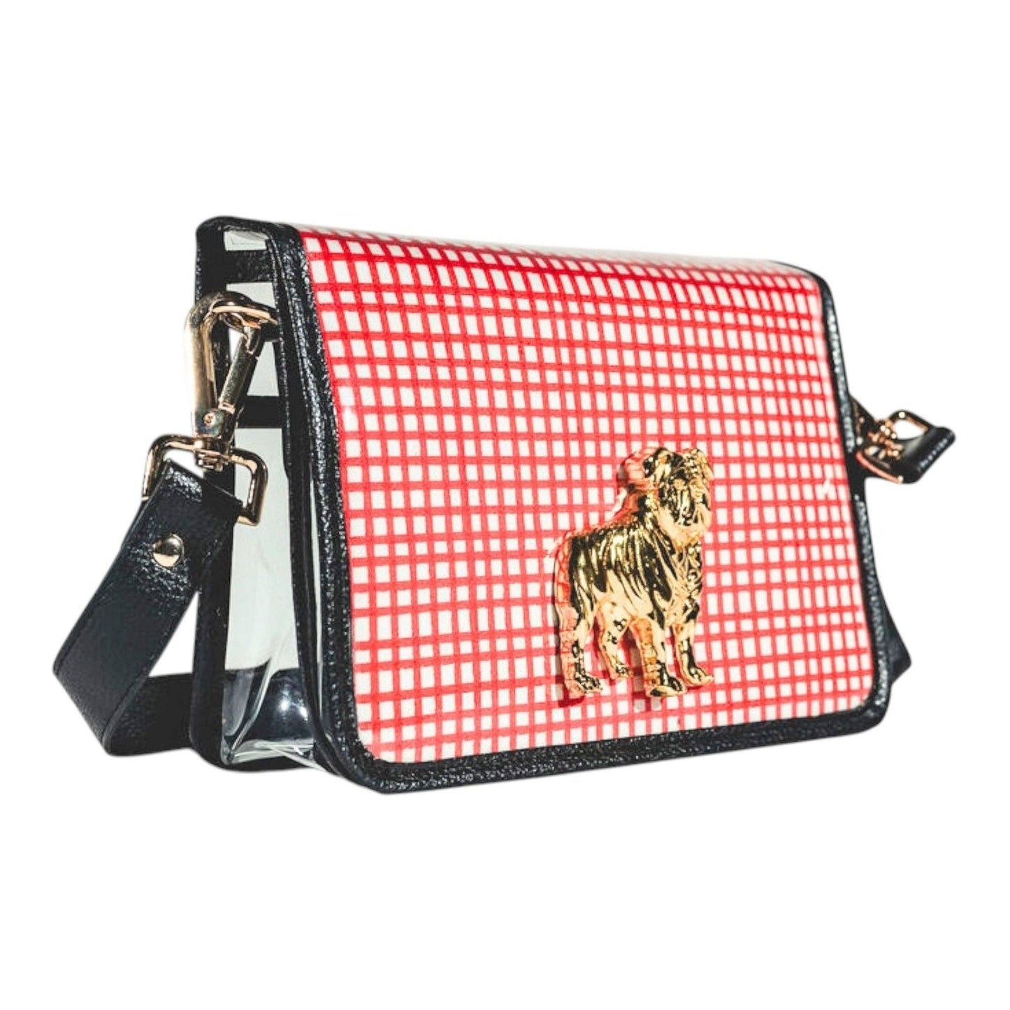 Red and White Grid Clear Stadium Bag with Bulldog
