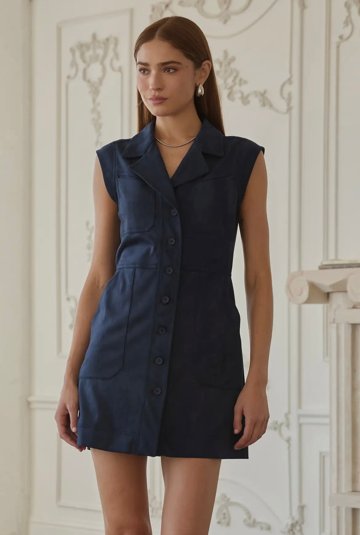 Sleeveless Faux Suede button down dress