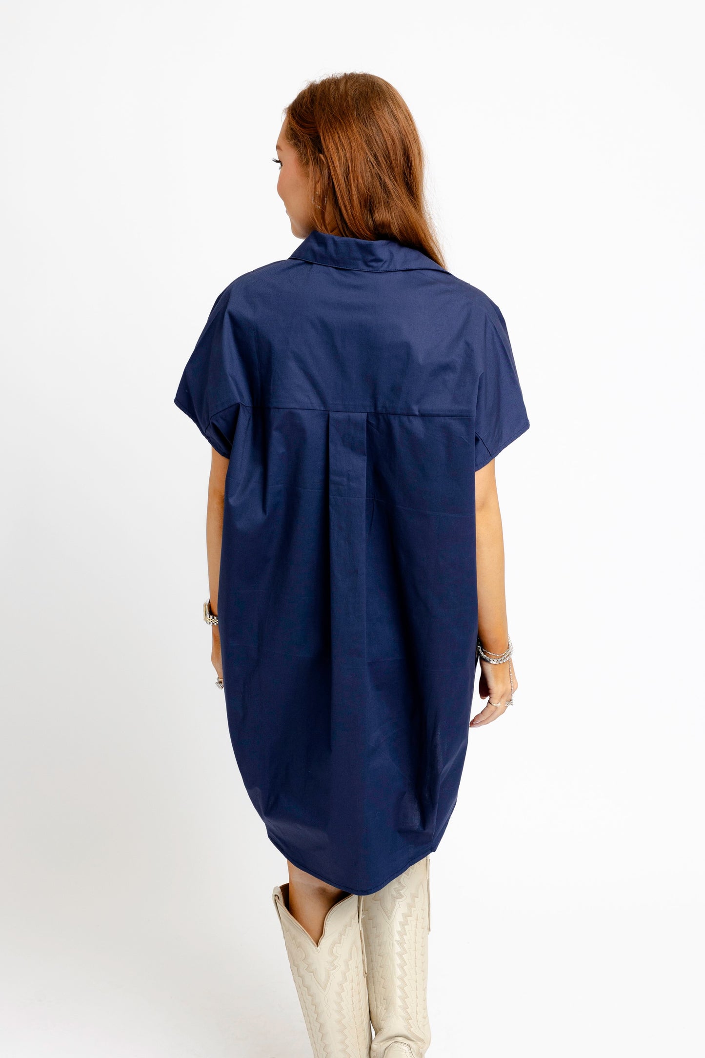 Solid Poplin V-Neck Collar Dress