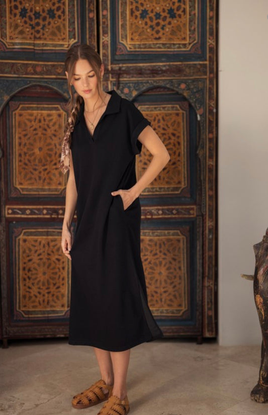 Solid Collared Midi Dress With Pockets
