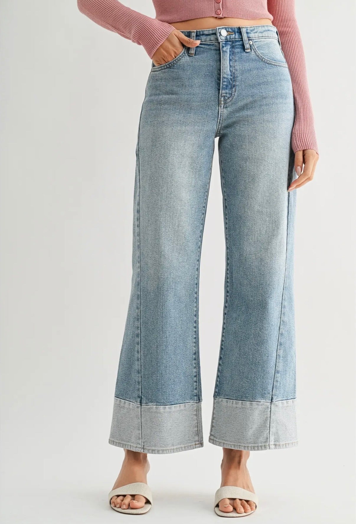 Two Toned Hem Seamed Slim Wide
Leg- Light Denim