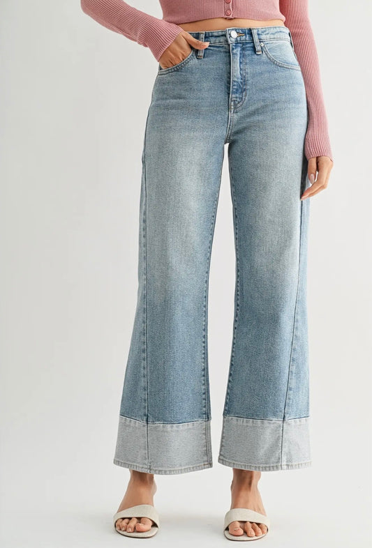 Two Toned Hem Seamed Slim Wide
Leg- Light Denim