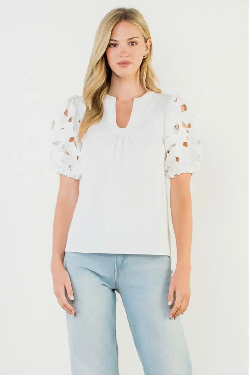 Eyelet Puff Sleeve V-Neck Top