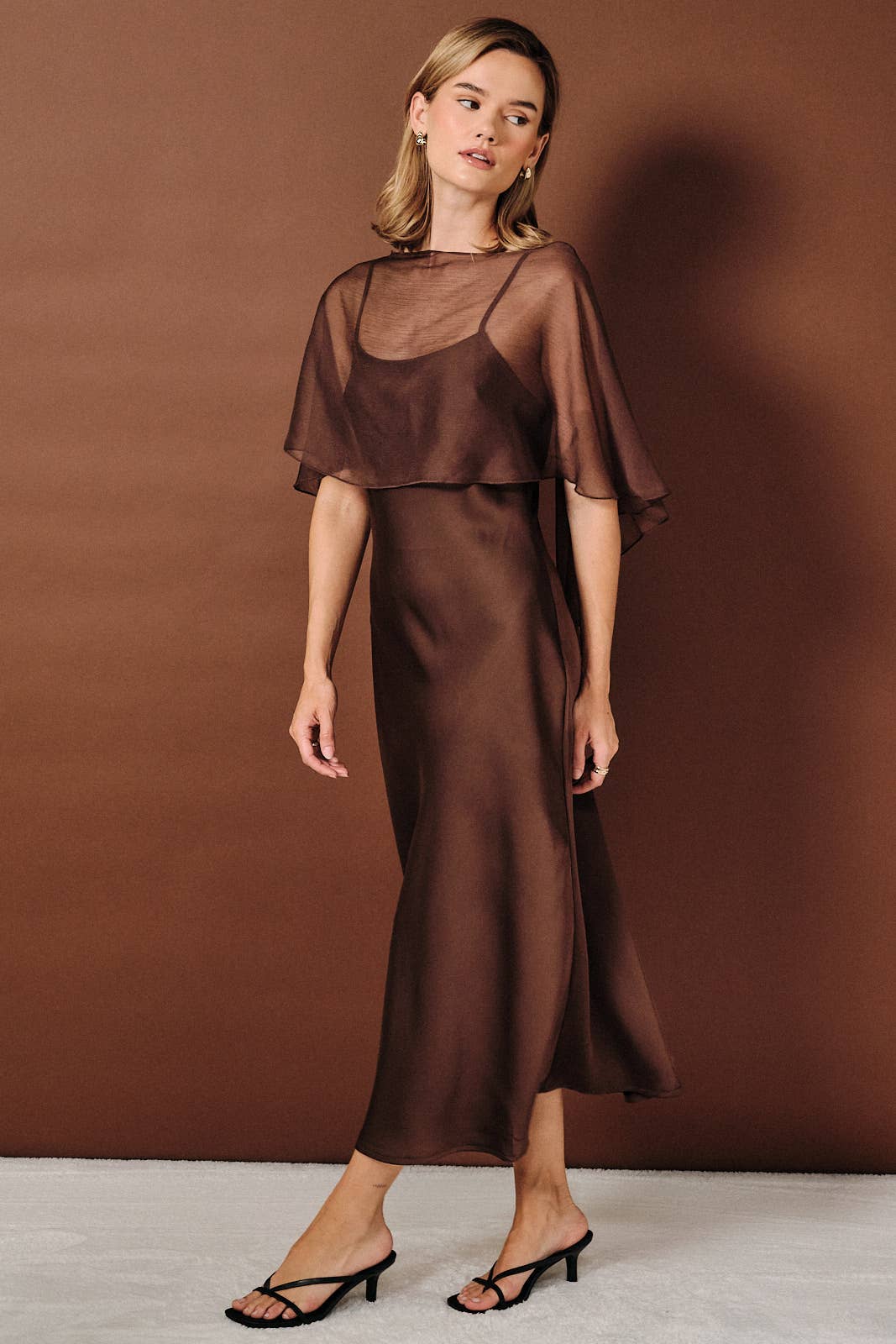 Sheer Chiffon Cape Overlay Satin Boat Neck Slip Midi Dress